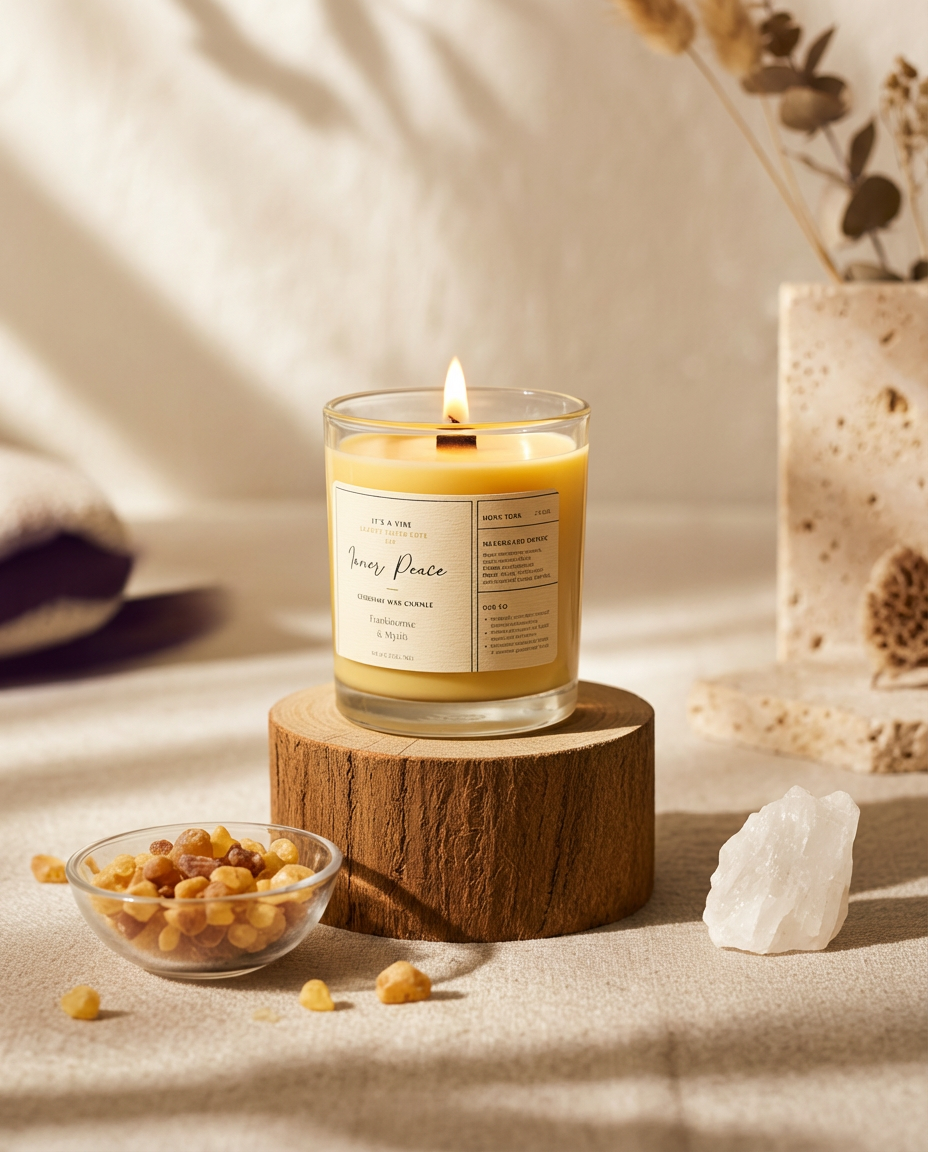 Candle in a glass jar on a wooden stand with decorative elements on a neutral background