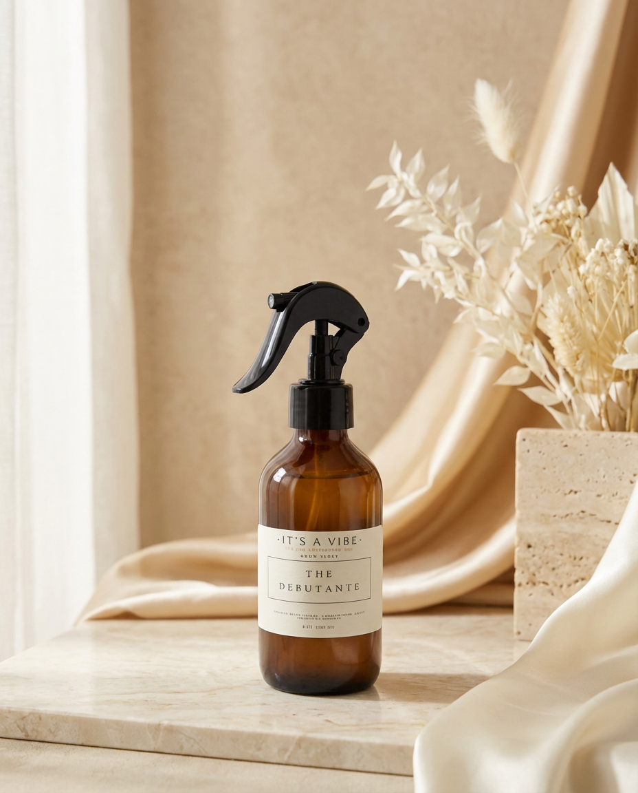 Brown spray bottle with black nozzle on a wooden surface with beige curtains and decorative plants in the background.