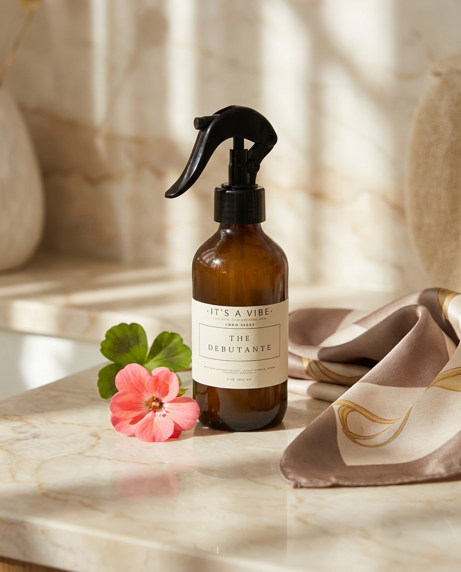 Brown spray bottle with black nozzle on a marble surface with flowers and a napkin.