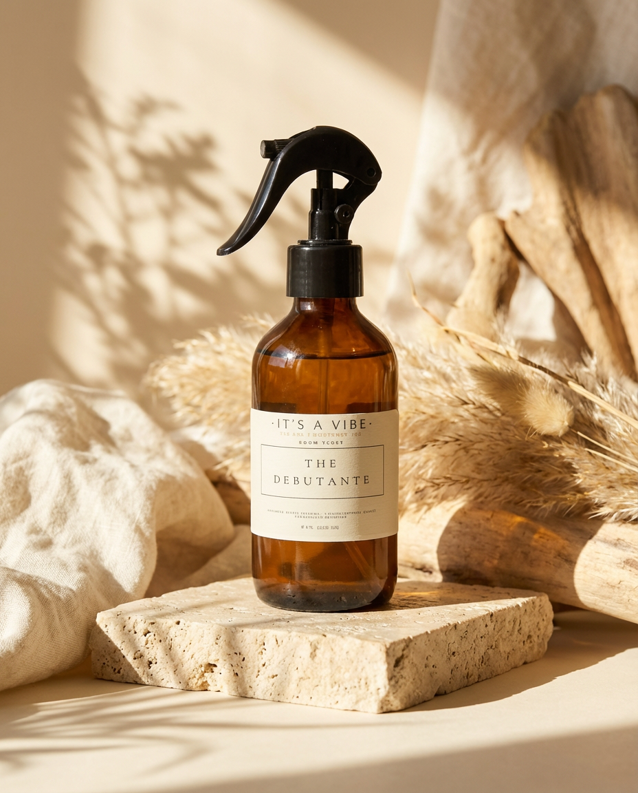 Brown spray bottle labeled 'It's a Vibe' on a stone surface with natural light and textures.