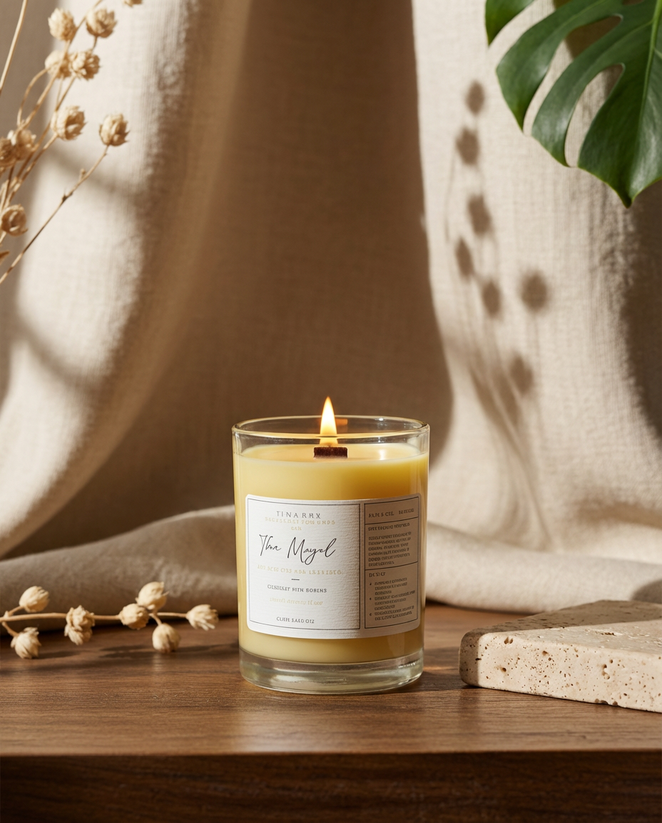 Candle with a label on a wooden surface with a neutral background