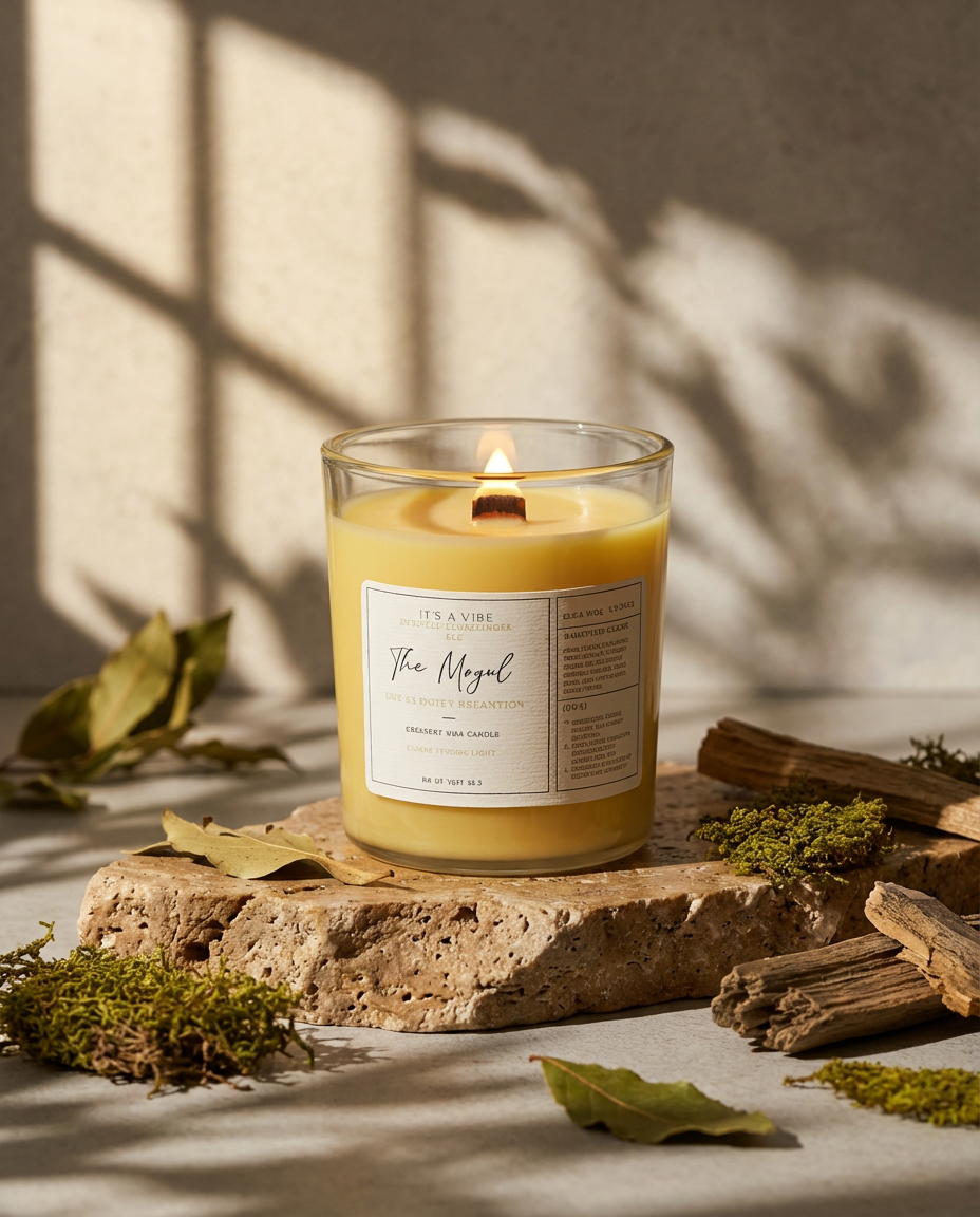 Candle in a glass jar with a label on a stone surface with natural elements