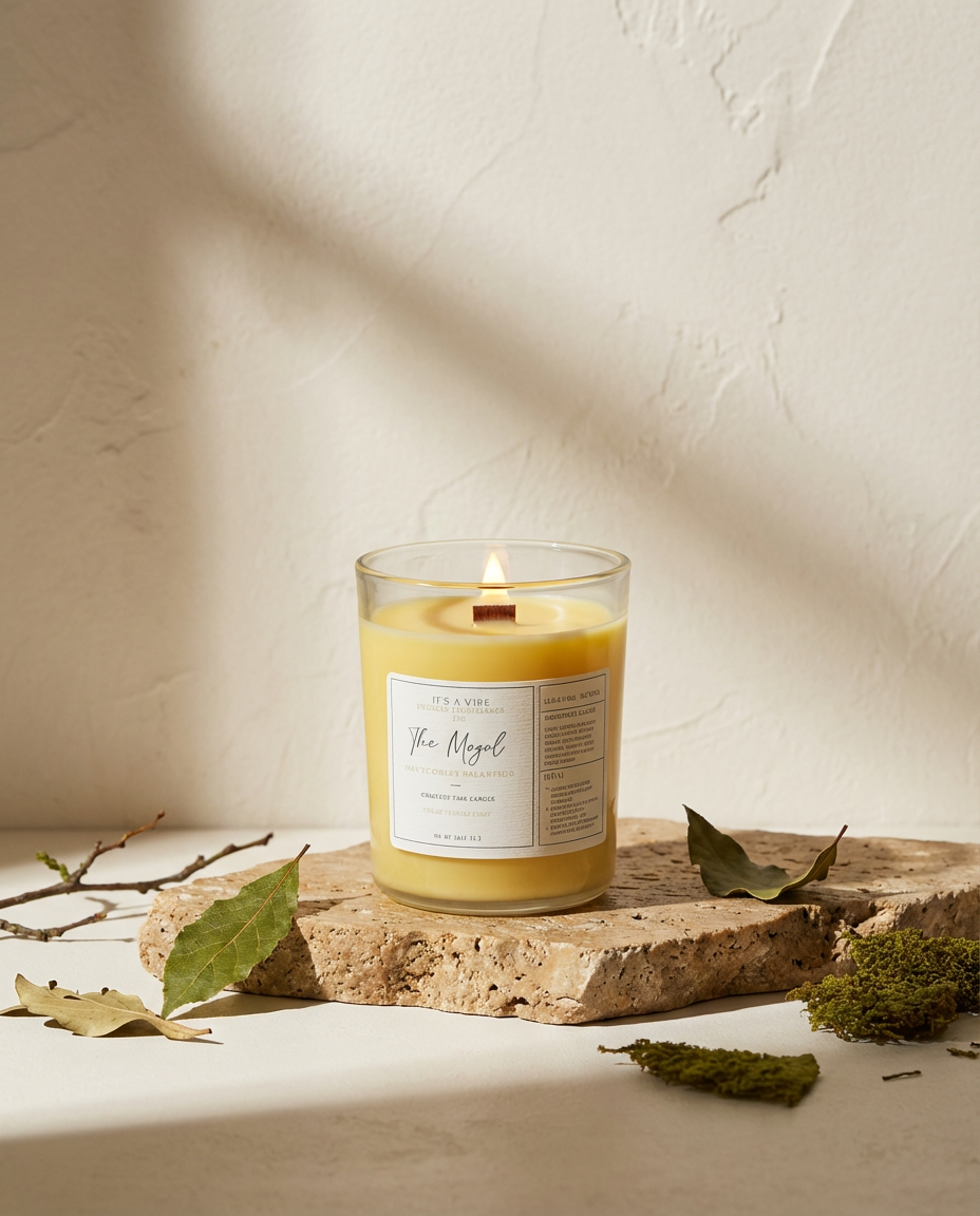 Candle with a label on a stone surface with leaves and branches, against a neutral background