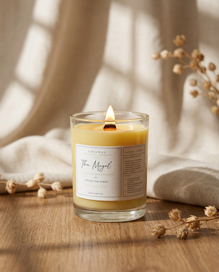 Glass candle with a label on a wooden surface with natural light and dried plants.