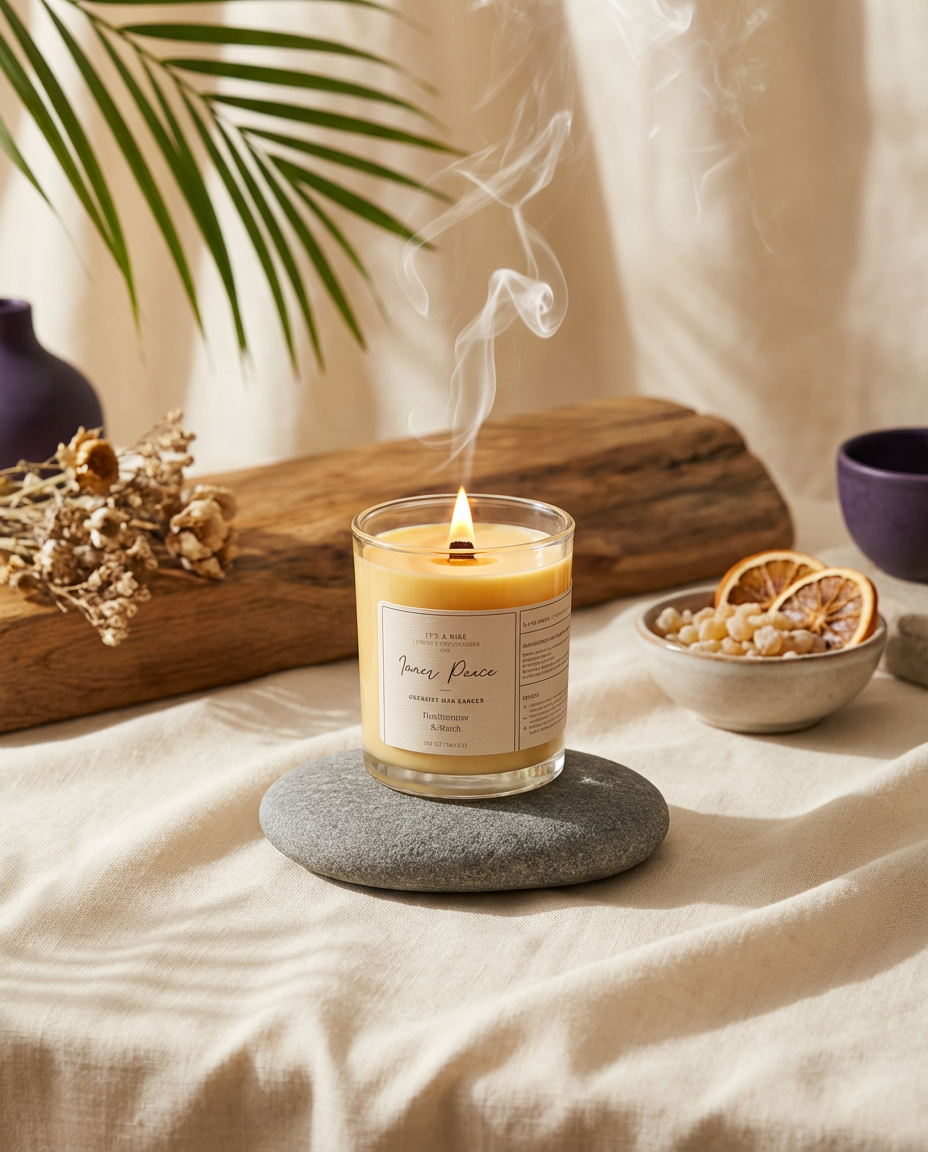 Candle with a label on a stone coaster, surrounded by decorative items on a soft surface.
