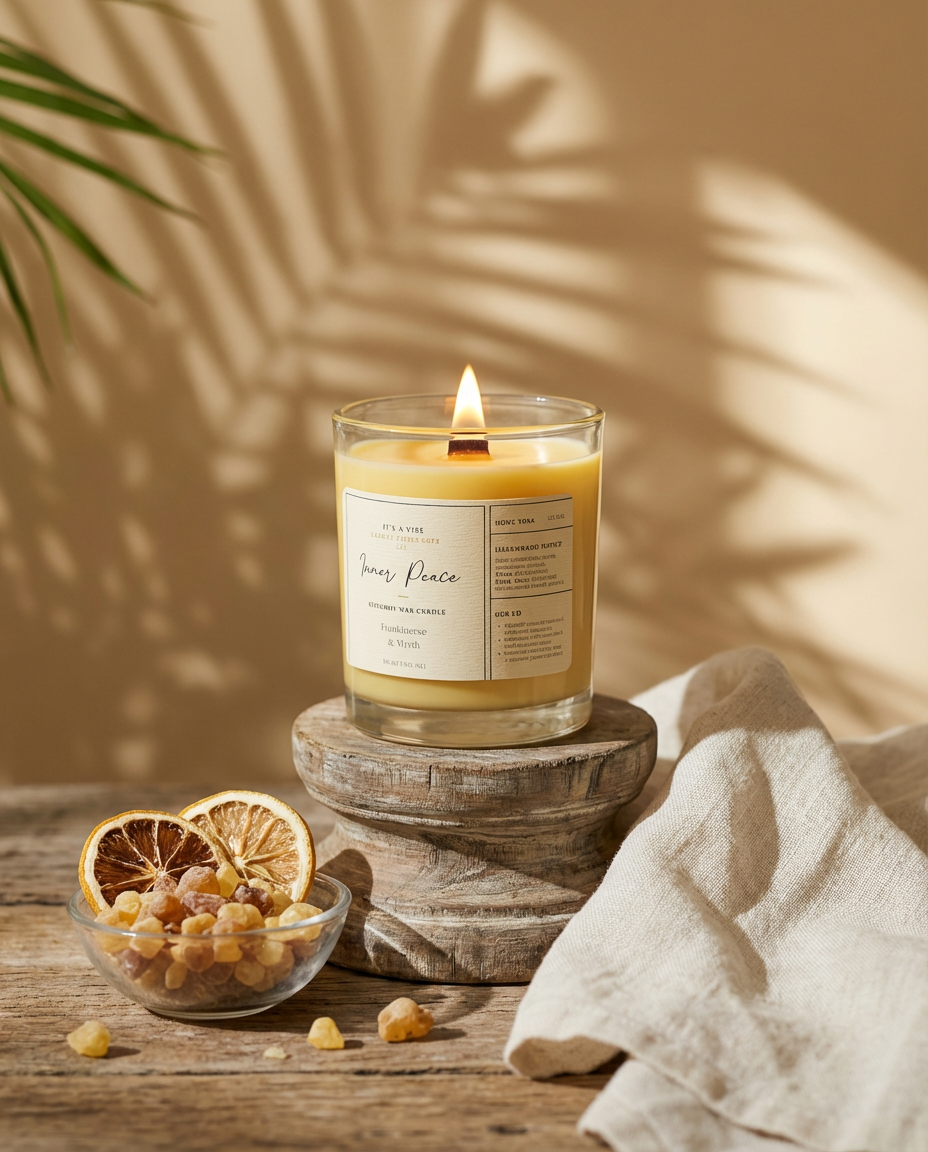 Candle in a glass jar with a label on a wooden surface, surrounded by dried fruits and a plant.