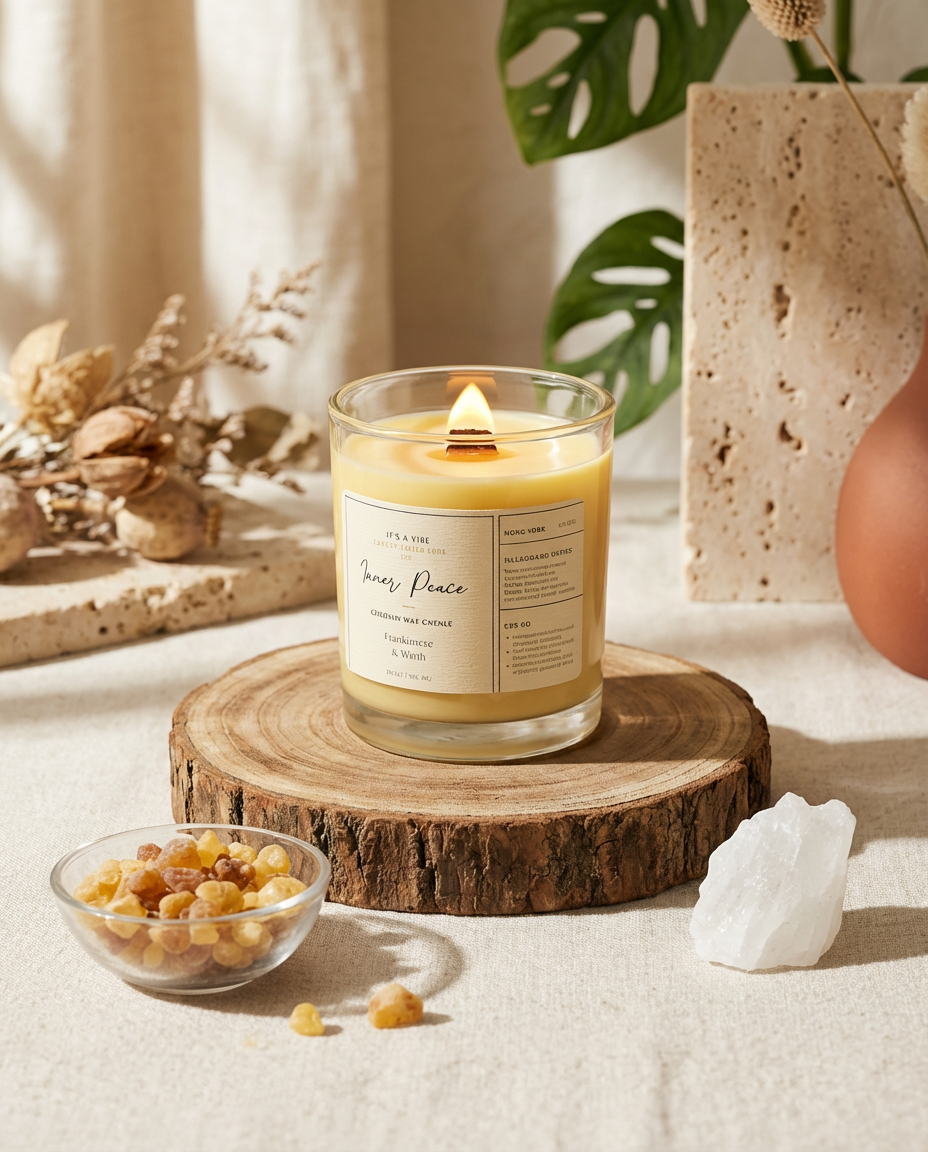 Candle labeled 'Peace' on a wooden coaster with decorative elements