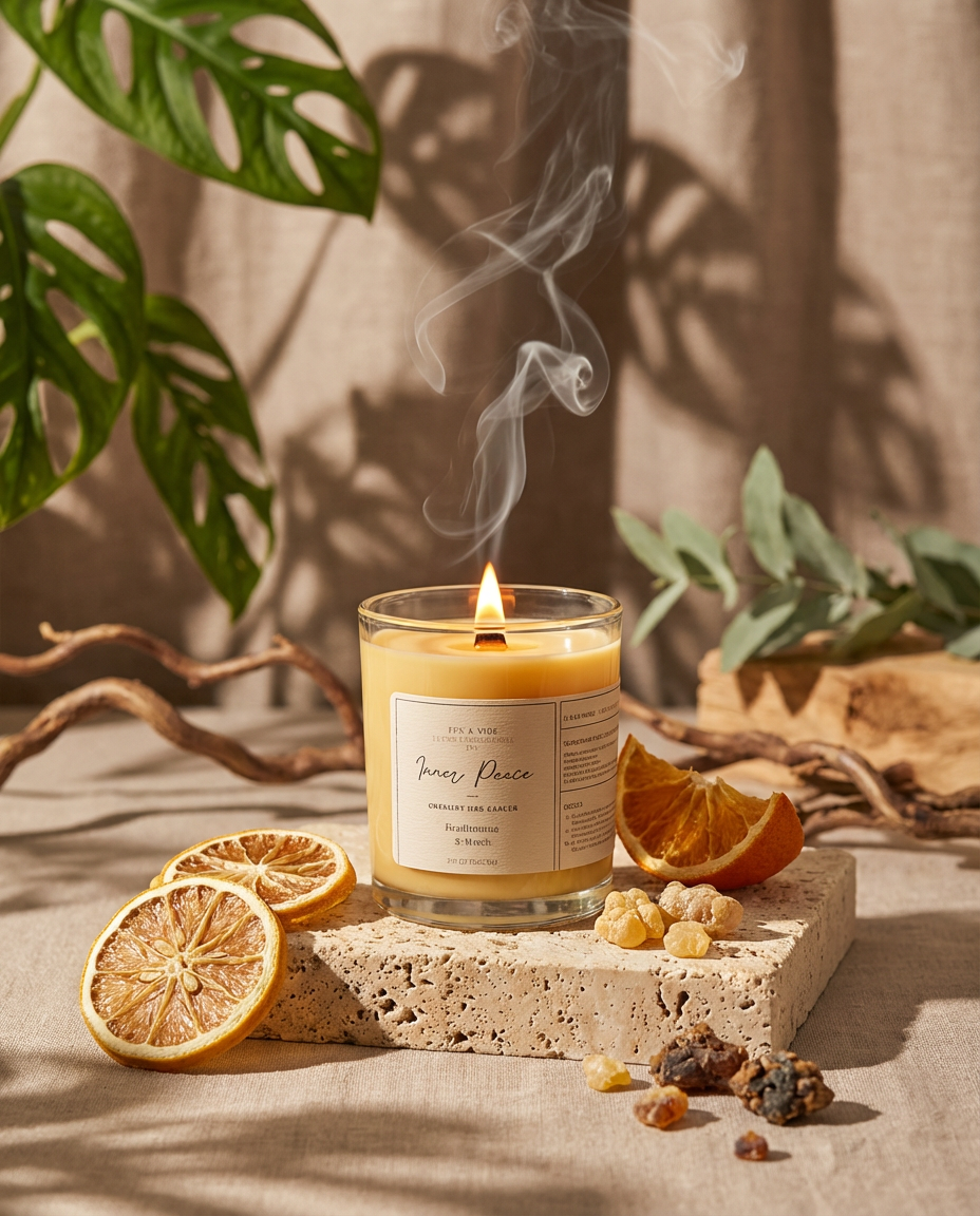 Candle with a label on a stone surface with dried oranges and leaves