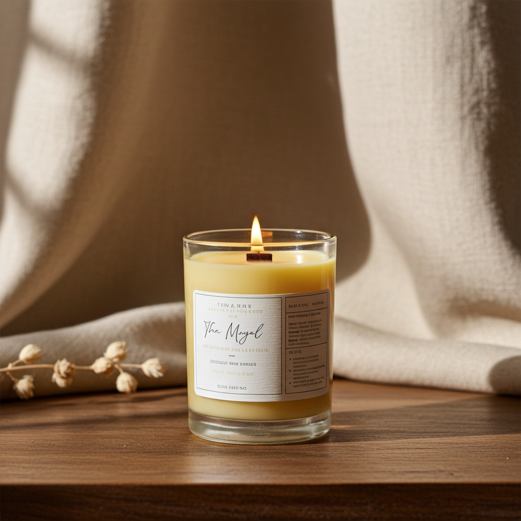 Candle in a glass jar with a label on a wooden surface, draped fabric in the background