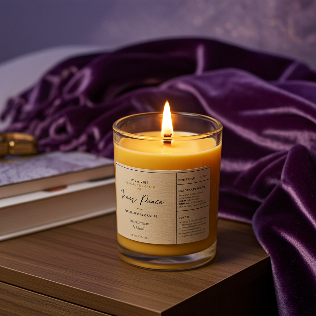 Candle with a label on a wooden surface with purple fabric in the background
