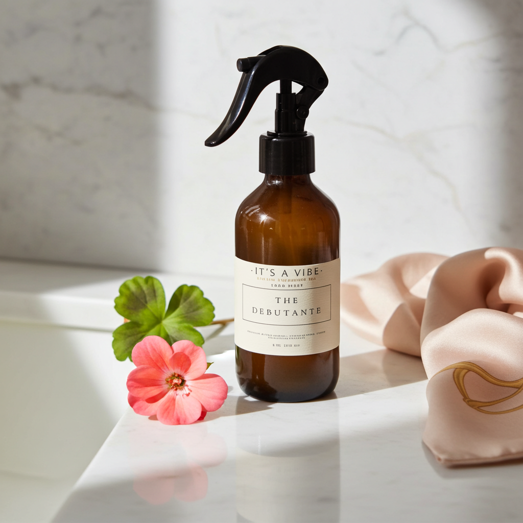 Brown spray bottle labeled 'It's a Vibe' with flowers and a soap bar on a marble surface