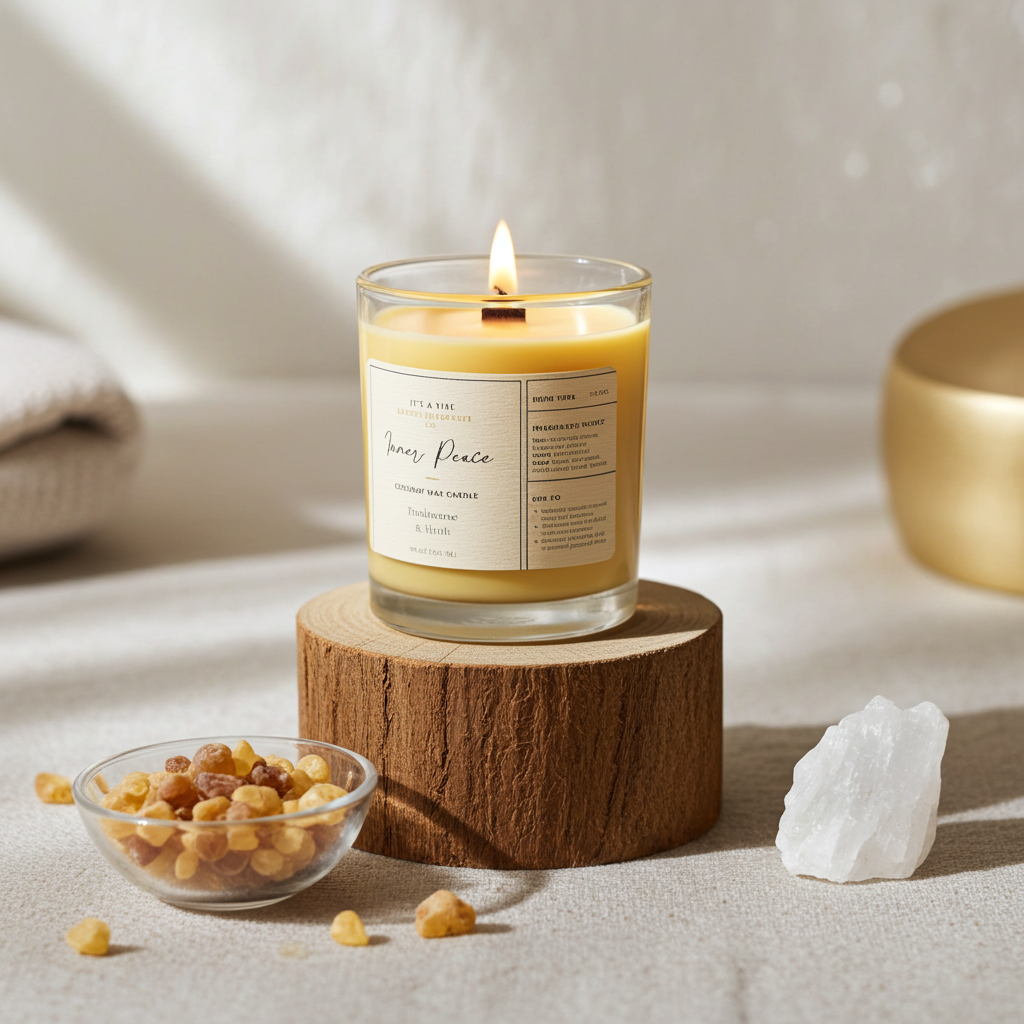 Candle in a glass jar on a wooden block with a label, surrounded by small bowl of seeds and crystal on a neutral background.