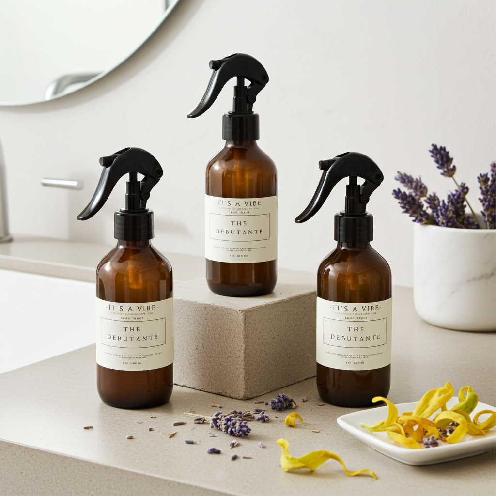 Three 'It's a Vibe' skincare bottles on a bathroom counter with lavender and flowers.