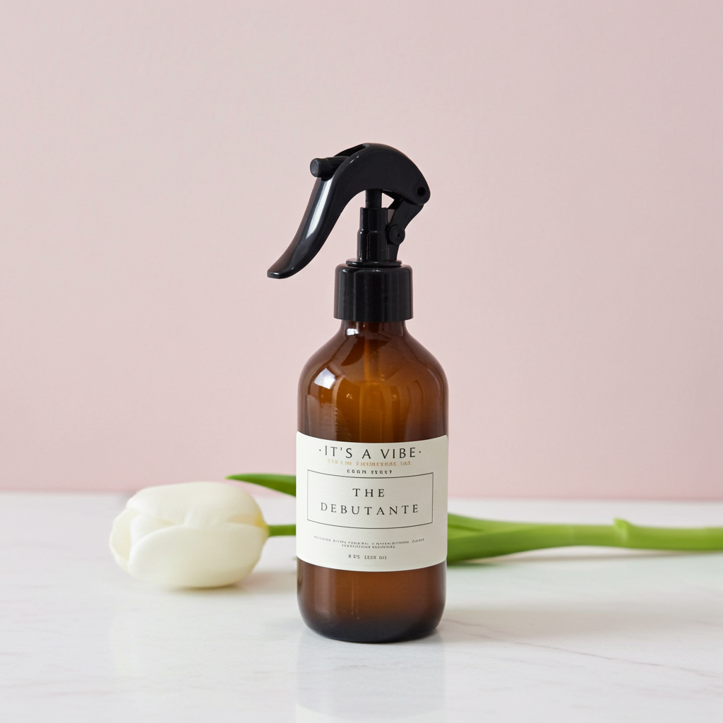 Amber spray bottle labeled 'It's a Vibe' with a white tulip on a light pink background