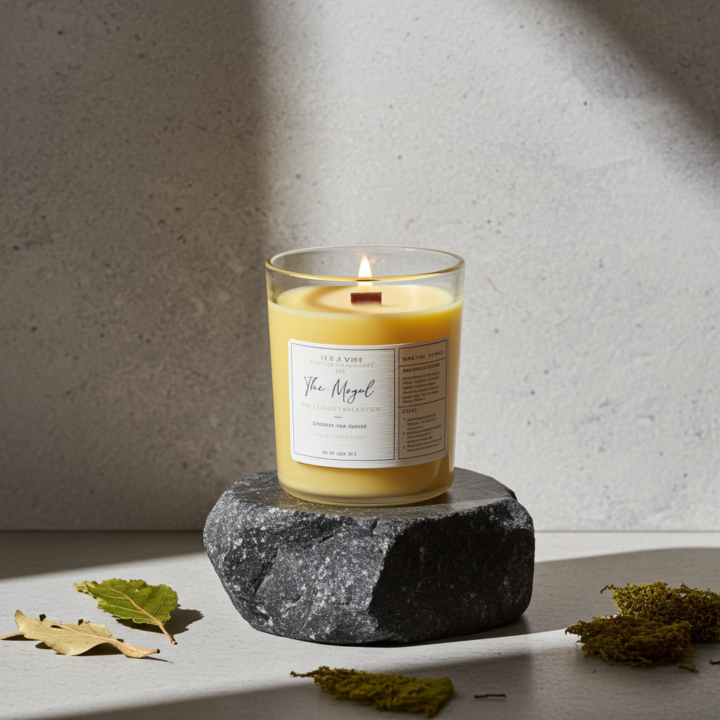 Candle in a glass jar on a stone coaster with a neutral background